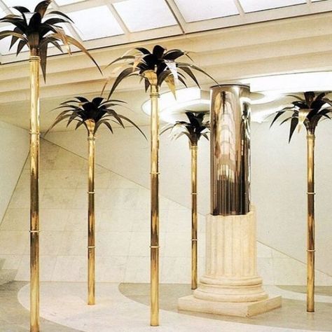 Weekend decorating idea: create your luck with a chic brass palm tree — The Decorista 80s Interior, Luxury Modern Homes, Robert Mapplethorpe, New Retro Wave, David Hockney, House Entrance, Travel Agency, Postmodernism, Retail Design