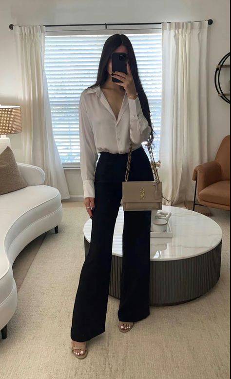 Cute Deca Outfits Business Attire, Black Slacks Women Outfit, Business Casual Outfits Black And White, White Polo And Black Pants Outfit Women, Formal Everyday Outfit, White Top Black Bottom Outfit Formal, Concierge Outfits Women, Women Corporate Attire, Formal College Outfits For Women