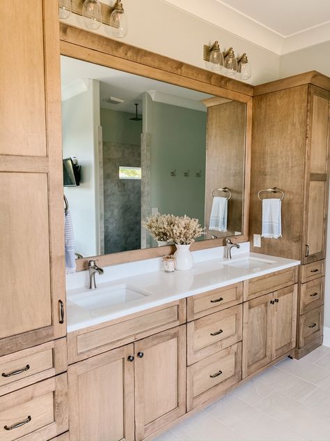 Maple Bathroom Cabinets Master Baths, Maple Wood Bathroom Vanity, Natural Oak Cabinets Bathroom, Large Bathroom Double Vanity, Primary Bathroom Cabinet Ideas, Wood Cabinets Master Bath, Hickory Bathroom Vanity Master Bath, 72 Inch Bathroom Vanity Lighting, Lightwood Bathroom Vanity