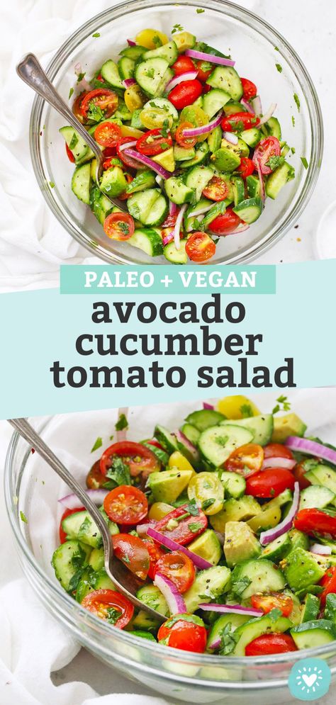 Avocado Cucumber Tomato Salad - This cucumber tomato salad is loaded with bright colors, fresh flavor, and a tangy vinaigrette that's perfect for summer. (Gluten-Free, Paleo, Vegan) // Cucumber salad recipe // summer side dish // summer salad #cucumber #salad #tomatoes #avocado #paleo #vegan Cucumber Salad Whole 30, Whole30 Salad Recipes, Anti Inflammation Side Dishes, Salad Sayur Untuk Diet, Anti Inflammation Salad, Vegan Cucumber Salad, Avocado Cucumber Tomato Salad, Vegan Cucumber, Ivf Diet