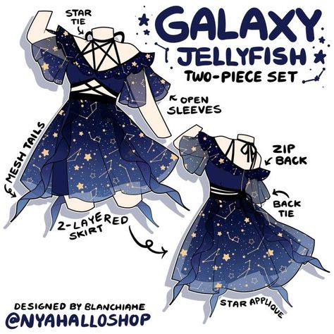 Galaxy Dress Drawing, Character Clothing Ideas, Jellyfish Outfit, Animated Clothes, Art Outfits, Dress Design Drawing, Clothing Design Sketches, Fashion Drawing Dresses, Drawing Anime Clothes