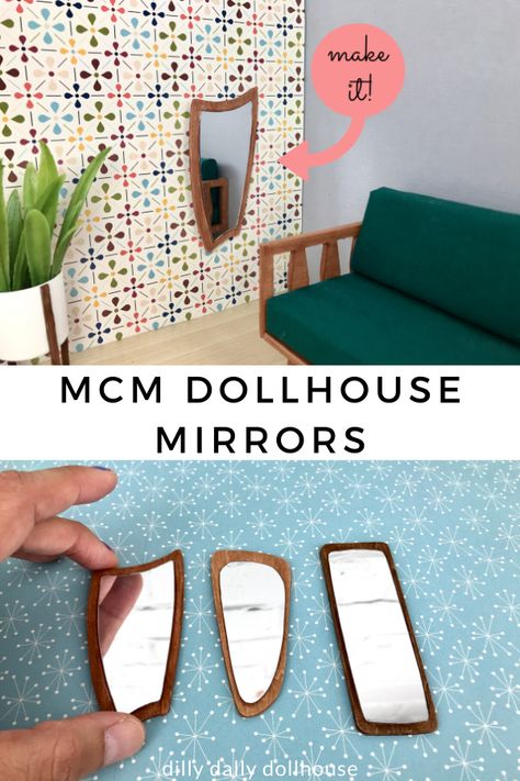 DIY mid-century modern miniature mirrors with tutorial and SVG file (can be made larger or smaller) for Cricut Dollhouse Mirror Diy, Mid Century Modern Miniatures, Diy Dollhouse Artwork, Mid Century Modern Dollhouse, Diy Mini Dollhouse Accessories, Diy Dolls House Furniture, Diy Doll House Furniture Easy, Miniature Houses Diy How To Make, Diy Mini Furniture