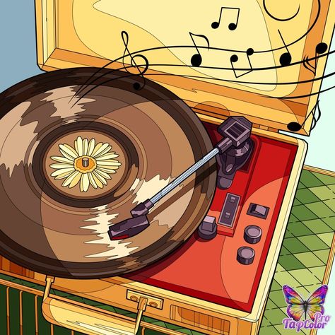 Vinyl Aesthetic Drawing, Music Player Aesthetic, Vinyl Aesthetic Illustration, Record Player Illustration, Vinyl Record Illustration, Turntable Vinyl Illustration, Artistic Wallpaper, Link Art, Music Illustration