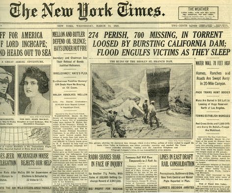 New York Times (newspaper),  New York, New York.  Wednesday, March 14, 1928. Newspaper Landscape, Engineering Disasters, Paper Landscape, Times Newspaper, Newspaper Headlines, California History, Headline News, Newspaper Article, Santa Clarita