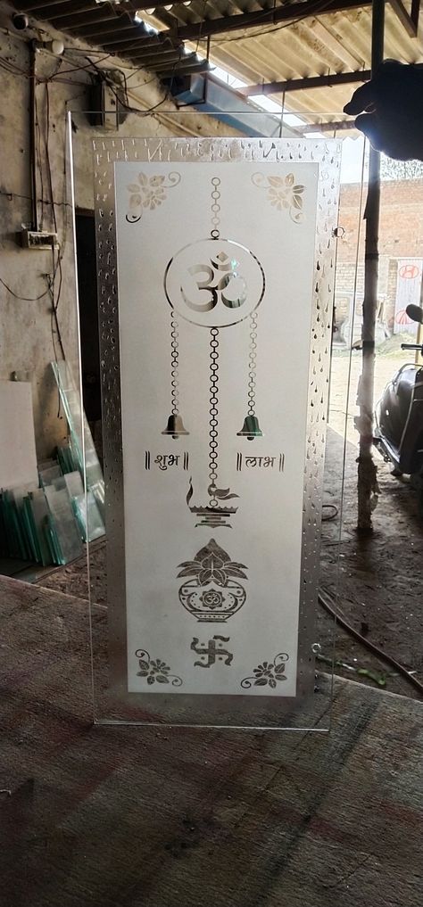 Mandir Door Glass Design, Mandir Glass Design, Etched Glass Door For Pooja Room, Pooja Room Glass Door Designs, Mandir Glass Door Design, Temple Glass, Celtic Corners, Glass Sticker Design, Frosted Glass Sticker