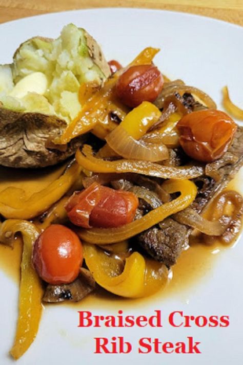 Just a simple braised steak with vegetables... perfect with a big baked potato! Simmer it low and slow until it's fork tender. Cross Rib Steak, Steak With Vegetables, Braised Steak, Rib Steak, Baked Potato, Meatballs, Stew, Potato, Steak