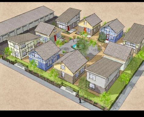 PARKING / Tiny community layout idea Family Compound Ideas Layout, Small House Communities, Co Housing Community, Compound House, Multigenerational House Plans, Pocket Neighborhood, Multigenerational House, Cluster House, Tiny House Village