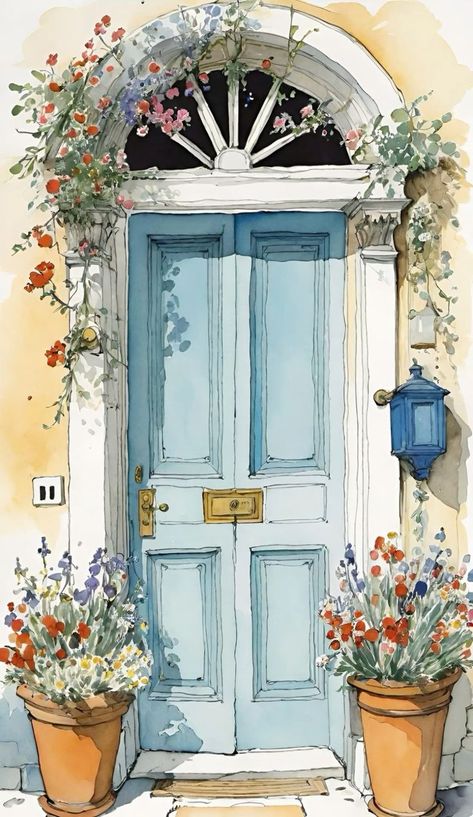 Watercolor Doors, Puglia Alberobello, Window Illustration, Easy Flower Painting, Watercolor Architecture, Watercolor Paintings For Beginners, Diy Watercolor Painting, Watercolor Projects, Watercolor Flower Art