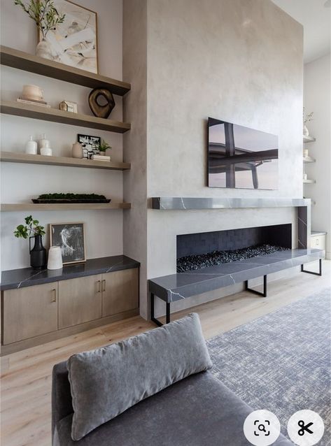 Plaster Fireplace Surround Modern, Fireplace Ideas With Wood Mantel, Scandinavian Living Room Mantle, Plastered Tv Wall, Plaster Living Room Wall, Modern Fireplace No Mantle, Modern Drywall Fireplace, Texture Fireplace Wall, Plaster Fireplace With Bookshelves