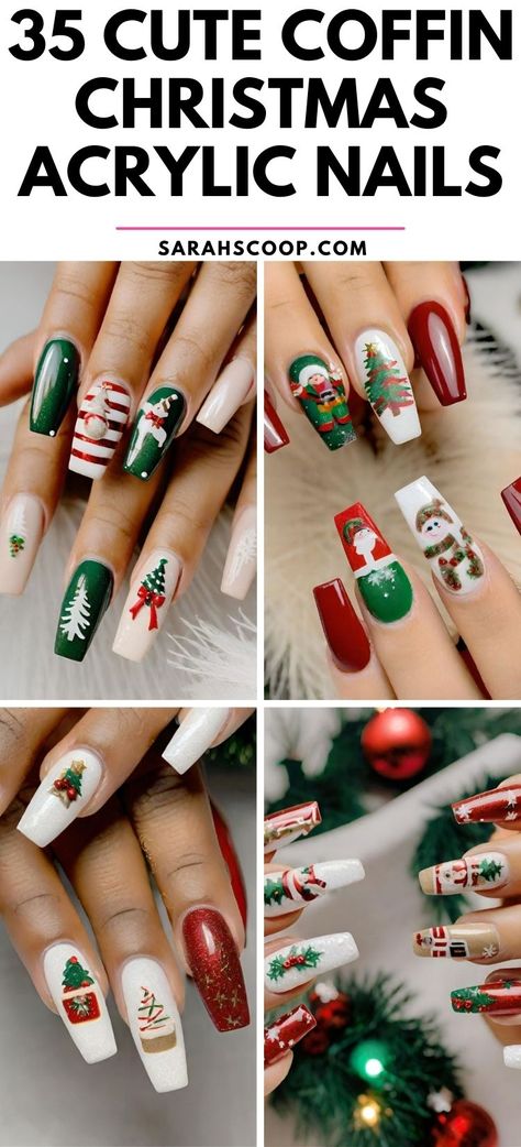 Unleash your festive spirit with these stunning coffin Christmas acrylic nail designs! Add some glitz and glam to your holiday celebrations! 🎄💅 #nailinspo #coffinnails #christmas Christmas Nails Medium Coffin, Christmas Nail Art Coffin, December Acrylic Nails Coffin, Acrylic Nail Designs Xmas, Christmas Design Nails Acrylic, Coffin Shape Nails Christmas, Coffin Nails Designs Christmas, Bougie Christmas Nails, Holiday Nails Winter Christmas Acrylic