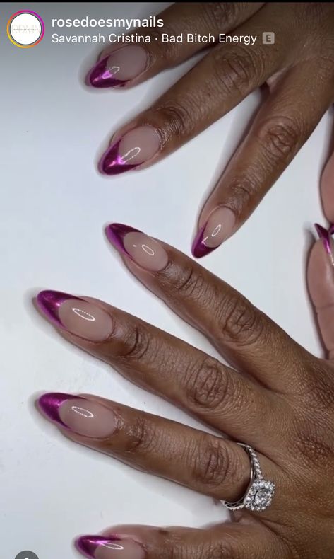 Pink Metallic Nails, Purple Chrome Nails, Glitter Nail Designs, Long Almond Nails, French Nail, Metallic Nails, Pink Metallic, Nail Designs Glitter, Glitter Nail