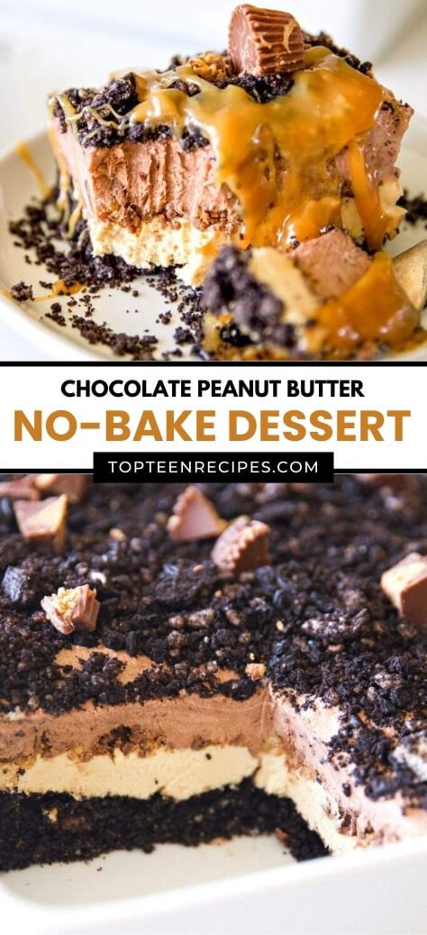 Chocolate Peanut Butter No-Bake Dessert - Top Recipes Peanut Butter Chocolate Desserts No Bake, No Bake Chocolate Peanut Butter Dessert, Peanut Butter No Bake Dessert, Easy Chocolate Peanut Butter Desserts, Easy Desserts Peanut Butter, Chocolate And Peanut Butter Desserts, Peanut Butter Chocolate Desserts, Reeses Dessert, No Bake Desserts Easy