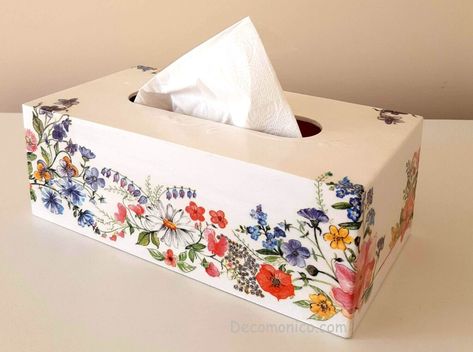 Decoupage Tissue Box Ideas, Wooden Box Crafts, Tissue Box Crafts, Recycle Craft Projects, Decoupage Decor, Tissue Box Holder, Decoupage Box, Popsicle Stick Crafts, Box Patterns