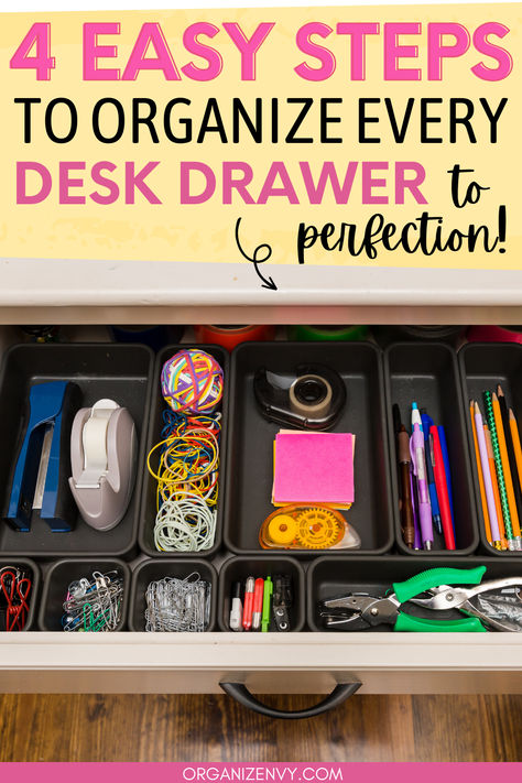 A neatly organized desk drawer in a home office How To Organize Desk Drawers, Desk Draws Organization Ideas, Organizer For Desk Drawers, Desk Drawer Organization Ideas, Inside Desk Organization Drawers, Desk Drawer Organization, Under Desk Pencil Drawer, Desk Drawer Organisation, Neat Desk