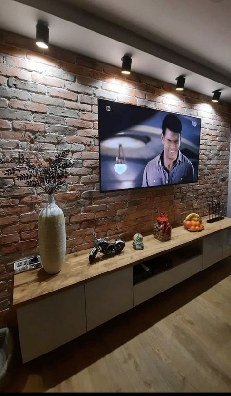 Cement Walls Living Room, Brick Wall Tv Room Decor, Brick Wall With Tv, Brick Wall Interior Living Room Modern, Brick Tv Wall Ideas, Brick Tv Wall, Living Room Brick Wall, Brick Wall Tv, Brick Wall Living Room