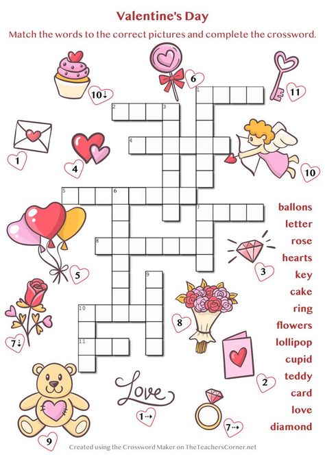 St. Valentine's Day CROSSWORD - A Simple crossword for young learners to practise Valentine's vocabulary. Love is in the air! Hope you enjoy it! Valentines Crossword, Valentine Picture, Cupid Love, Crossword Puzzles, Valentines Gifts For Boyfriend, Saint Valentine, Esl Worksheets, Printed Pages, St Valentin