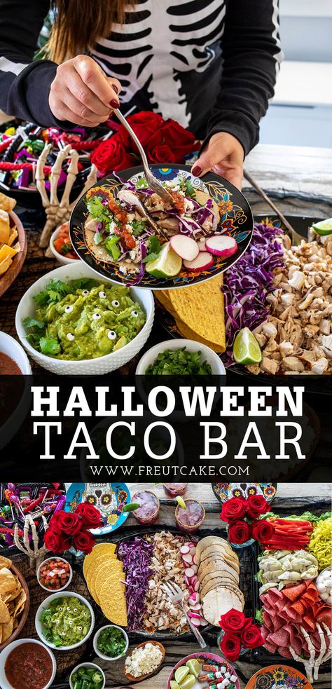 Halloween Taco Bar Halloween Party Main Dish Ideas, 40th Birthday Halloween Party, Halloween Recipes Dinner Main Dishes, Halloween Food Bar, Festive Margaritas, Halloween Taco Bar, Taco Bar Party, Halloween Sweet Treats, Menu Halloween