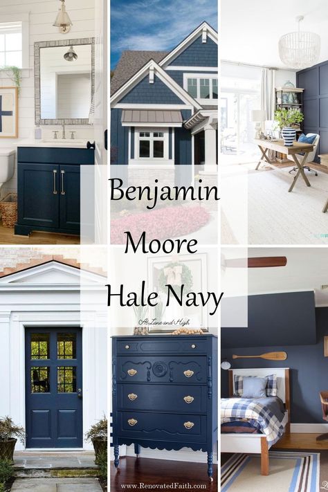 Benjamin Moore Hale Navy, Exterior Wood Trim, Hale Navy Benjamin Moore, Navy Accent Walls, Executive Office Design, Dining Room Accent Wall, Decorating Above Kitchen Cabinets, Blue Gray Paint, Hale Navy