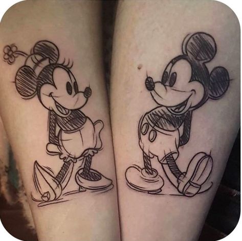 CafeMom.com : Mickey and Minnie would make the cutest couple tattoo. : 21 Magical Disney Tattoos To Make You Feel All The Nostalgia -- The vintage illustration vibes of these Mickey and Minnie Mouse pieces are so spot on! Disney Couple Tattoos, Mickey And Minnie Tattoos, Minnie Tattoo, Mickey Tattoo, Disney Sleeve Tattoos, Disney Sleeve, Cute Couple Tattoos, Tattoos Infinity, Mouse Tattoos