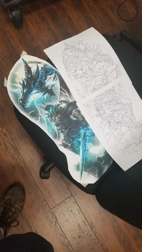 Lich King Tattoo, World Of Warcraft Tattoo, Wow Tattoo, Warcraft Tattoo, Outline Stencil, Final Fantasy Tattoo, Dragon Tattoos For Men, Tattoo Dragon, Knight Tattoo