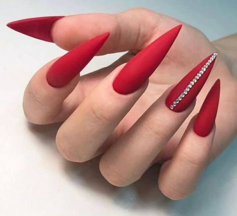 21 Most Enticing Red Stiletto Nails Of This Year That Ladies Must Wear - 106 Matte Stiletto Nails, Red Matte Nails, Red Stiletto Nails, Stilleto Nails Designs, Bunny Nails, Red Acrylic Nails, Stiletto Nails Designs, Red Nail Designs, Diamond Nails