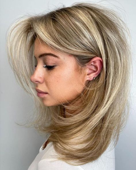 Modern Blowout for Mid-Length Hair Medium Length Face Framing, Mid Length Blowout, Thick Bob Haircut, Volumizing Haircuts, Mid Haircuts, Angled Hair, Color Melt, Ash Blonde Balayage, Hair Adviser