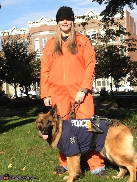 Halloween Costumes For Couple And Dog, Matching Costumes With Dog, Matching Dog And Owner Costumes, Girl And Dog Halloween Costumes, Couples Halloween Costume With Dog, Dog Police Costume, Matching Halloween Costumes With Dog, German Shepard Costumes, Couple Halloween Costumes With Dog