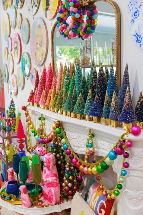 A Baton Rouge shop’s seasonal decor goes beyond the classic holiday color scheme Bright Christmas Decor Ideas, Colorful Christmas Outdoor Decorations, Girly Christmas Color Palette, Maximalist Christmas Decor Ideas, Colorful Christmas Centerpieces, Bright And Colorful Christmas Decor, Colourful Christmas Decor, Retro Christmas Decor Ideas, Christopher Radko Christmas Tree Ideas