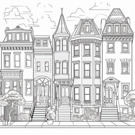 Sheet Architecture, Architecture Black And White, London Houses, House Colouring Pages, Adult Coloring Designs, Adult Colouring Pages, Detailed Coloring Pages, Traditional Houses, Houses Architecture