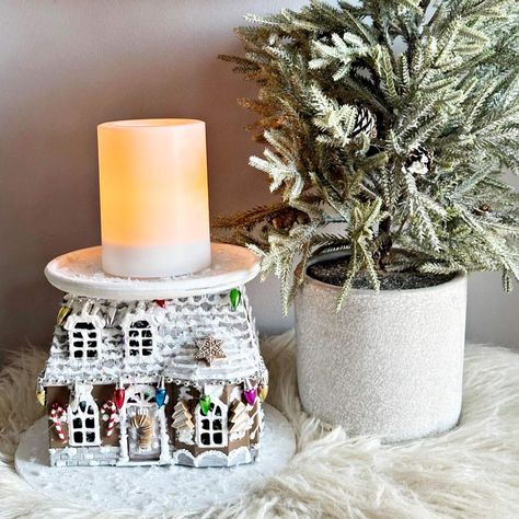 Dollar Tree Gingerbread House Candle Holder Gingerbread House Centerpiece Ideas, Dollar Tree Gingerbread House, Dollar Tree Gingerbread, Tree Gingerbread House, Christmas Candle Holders Diy, Centerpiece For Christmas, Dollar Tree Candle Holders, Make Christmas Ornaments, Homemade Christmas Crafts