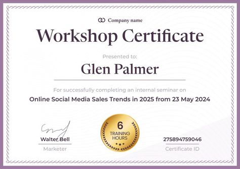 Mark every business training achievement with a touch of the violet workshop certificate template. With Certifier, unleash the power of customization: add logos, insert QR codes for added authenticity, or highlight specific achievements with tailored wording. Choose between portrait and landscape, making every certificate a perfect match for your workshop’s vibe. Ready to start? Try out Certifier’s user-friendly platform, where editing and sending digital certificates is done in a few click. Digital Certificate, Certificate Of Completion, Business Training, Certificate Templates, Qr Codes, Milestones, Perfect Match, Violet, Coding