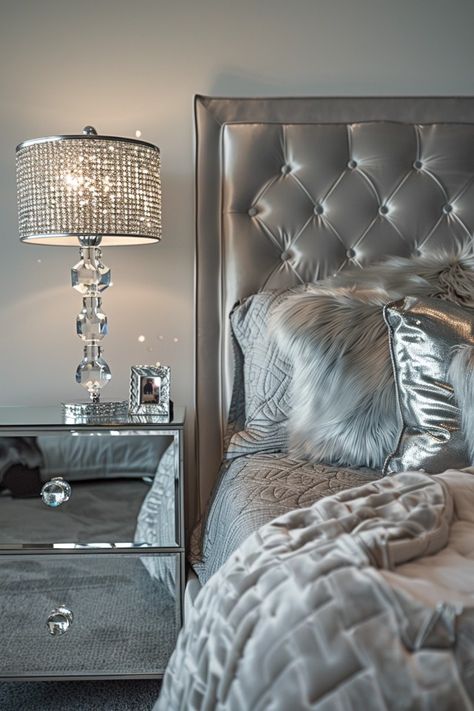 Stylish Glam Bedroom: Silver Accents Silver Headboard Bedroom, Master Bedrooms Glam, Elegant Vanity Ideas Bedroom, Z Gallerie Bedroom, Gray Glam Bedroom, Black White And Silver Bedroom, Silver Room Decor Bedroom, Glam Bedroom Decor Grey, Black Gray And White Bedrooms