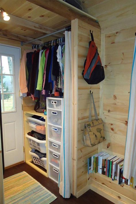 Tiny House Closets To Inspire Your Closet Design - The Tiny Life Tiny Home Organization, Tiny Closet Solutions, Tiny House Closet Ideas, Tiny House Storage Ideas, Tiny House Closet, Tiny House Organization, Cabin Storage, Closet Idea, House Closet