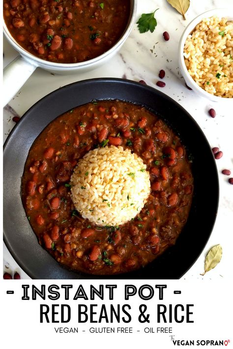 A New Orleans classic, this easy vegan version of Instant Pot Red Beans and Rice are creamy, smoky, and will instantly become a favorite! They're gluten free, oil free, and of course 100% plant based. Cooking this cajun classic in the Instant Pot makes this an easy and flavorful meal with lots of leftovers! Warm up with a taste of the south with these simple delicious Red Beans and Rice! #cajun #veganrecipes #oilfree #wfpbno #wfpb #glutenfreevegan via @thevegansoprano Vegan Red Beans And Rice Instant Pot, Vegan Red Beans And Rice, Instant Pot Vegetarian Recipes, Red Beans Recipe, Vegan Cajun, Instant Pot Vegetarian, Red Beans Rice, Plant Based Cooking, Whole Food Plant Based Diet