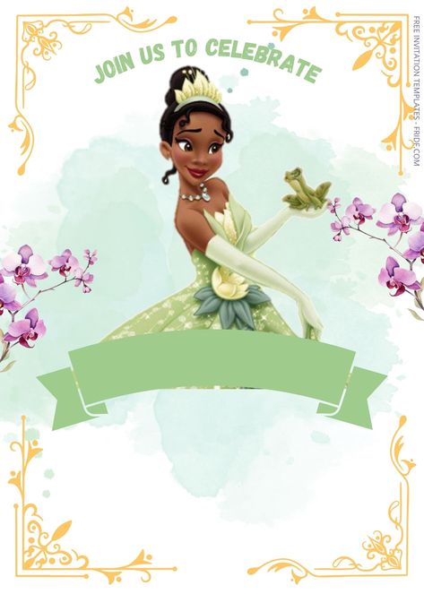 Princess Tiana Birthday Party Invitations, Princess And The Frog Invitations, Princess And The Frog Birthday, Princess Tiana Party, Aaliyah Birthday, Disney Tiana, Frog Birthday, Tiana And Naveen, Prince Naveen