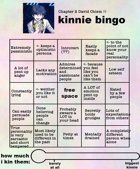 So uhhhh i got a 22/25 thats not good 😰 ib- Nadia Dazai Kinnie Bingo Template, Shuichi Saihara Kinnie Bingo, Kinnie Bingo Dazai, Kiibo Kinnie Bingo, Kinnie Bingo Dandys World, Dazai Bingo Kin, Masculine Girl, I'm Annoying, Bingo Template