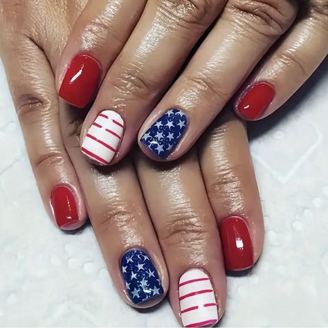 - Celebrate Our Independence Day With Fun Stripes And Stars Designs - Short Square Press On Nails Of Red White And Blue Colors With Glitter, Solid, Stars And Stripes Patterns - Comes As A 24 Pack - Brand New In Original Packaging Red White And Blue Nails, White And Blue Nails, Press Nails, Pentagram Design, Fourth Of July Nails, Star Nail Art, Red Acrylic Nails, 4th Of July Nails, Nail Art Set