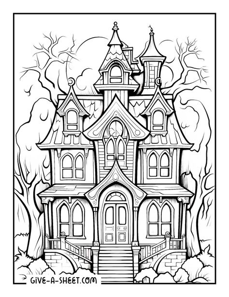 Haunted House Drawings, Haunted House Drawing Easy, Drawing Haunted Houses, Haunted House Doodle, Haunted House Template, Spooky Haunted House Drawings, Spooky Coloring Pages, Witchy Coloring Pages, Haunted House Coloring Page