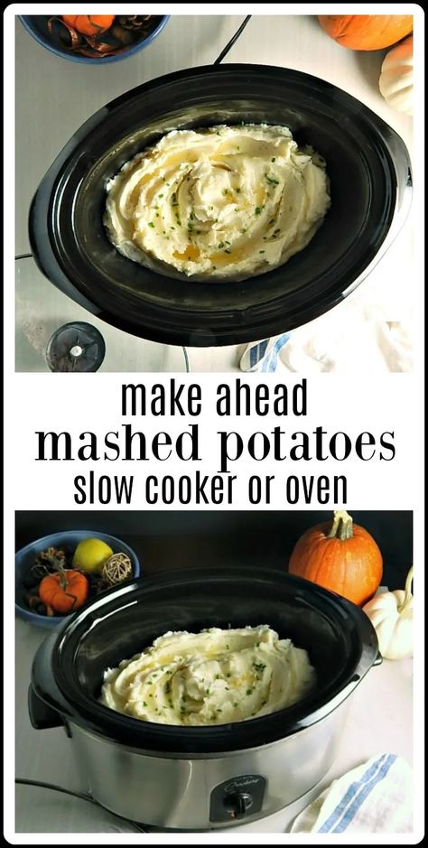 Make-Ahead Slow Cooker or Oven Mashed Potatoes - Frugal Hausfrau Mashed Potatoes In Crockpot, Oven Mashed Potatoes, Mashed Potatoes Slow Cooker, Potatoes In Crockpot, Thanksgiving Mashed Potatoes Recipe, Potatoes Slow Cooker, Reheat Mashed Potatoes, Potato Recipes Crockpot, Mashed Potatoes Thanksgiving