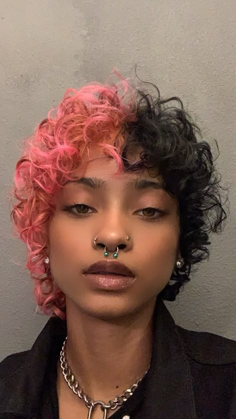 Very Short Hairstyle Women Curly Hair, Short Curly Coloured Hair, Short Curly Dyed Hair Black Women, Short Curly Colorful Hair, Black Enby Hairstyles, Hair Color Ideas Short Curly Hair, Black Woman Dyed Hair, Perm Mohawk, Black And Pink Short Hair