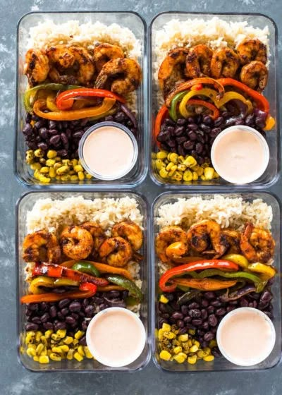 Bulk Healthy Meals, Bulking Meal Recipes, Lunch Organization, Shrimp Mexican, Flavcity Recipes, Bulk Meals, Bulking Meals, Shrimp Burrito, Fajita Veggies