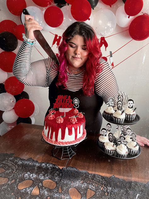 Scary Movie Party Ideas, Scary Movie Themed Birthday Party, Slasher Birthday Party, Scary Movie Birthday Party, Have A Killer Birthday Theme, Slasher Halloween Party, Killer Birthday Theme, Horror Movie Party Ideas, Horror Movie Birthday Party