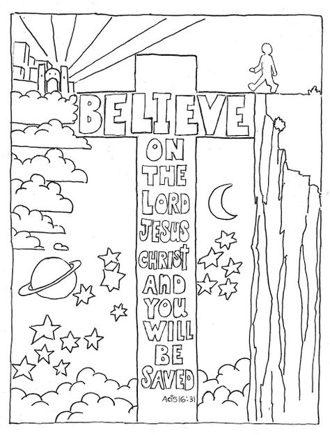 Coloring Pages for Kids by Mr. Adron: Believe on the Lord, Acts 16:31 Coloring Page Bible Coloring Sheets, Scripture Doodle, Bible Verse Coloring Page, Scripture Coloring, Bible Verse Coloring, Bible Coloring Pages, Childrens Bible, Bible Activities, Bible Coloring