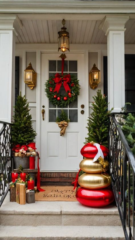 Transform your porch into a holiday wonderland with these creative Christmas decor ideas. Discover wreaths, lights, and more for a cheerful entrance. Christmas Entryway Decor, Outdoor Christmas Decorations Lights, Decorations Lights, Christmas Porch Decor Ideas, Classic Wreath, Christmas Entryway, Front Door Christmas Decorations, Christmas Front Doors, Christmas Porch Decor