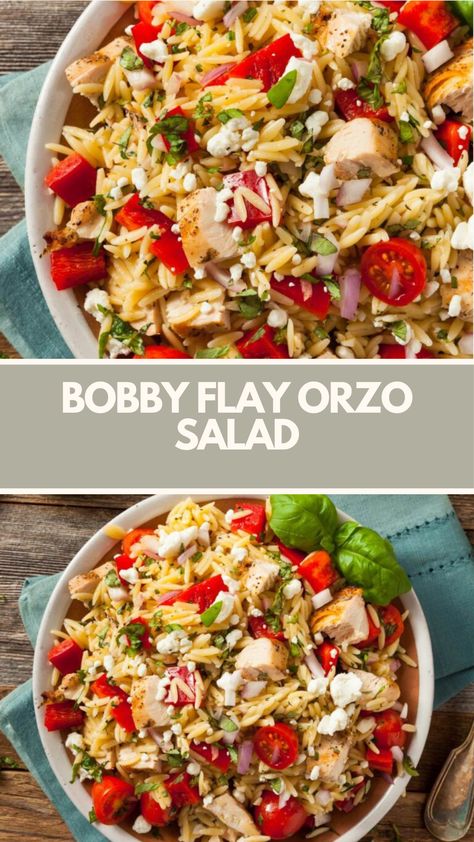 Bobby Flay Orzo Salad recipe is made with orzo pasta, cucumbers, cherry tomatoes, chickpeas, feta cheese, red onion, olives, and fresh herbs it takes 40 minutes to prepare and serves 4. Orzo With Cranberries, Orzo Broccoli Salad, Orzo Salads, Orzo Salad With Feta, Grilled London Broil, Homemade Greek Dressing, Bobby Flay Recipes, Orzo Salad Recipes, Greek Dressing