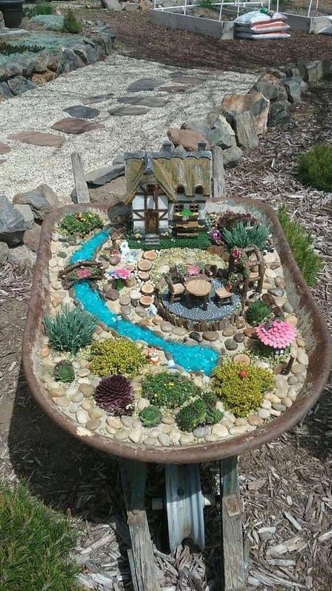 Fairy Garden Design Ideas, Barn Crafts, Indoor Fairy Gardens, Preschool Garden, Fairy Garden Ideas, Wheelbarrow Garden, Fairy Garden Designs, Fairy Garden Crafts, Faeries Gardens