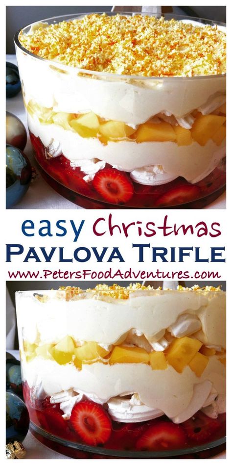 Super easy to make, a modern trifle, without the boring stuff! Meringue, cream, passionfruit, mangoes and strawberries, topped with white chocolate - heaven in a bowl! Favourite at Christmas holidays and Thanksgiving - Easy Pavlova Trifle Recipe Pavlova Trifle, Easy Pavlova, Pavlova Toppings, Dessert Trifle, Heaven In A Bowl, Trifle Recipes Easy, Australian Desserts, Christmas Pavlova, Recipe Menu