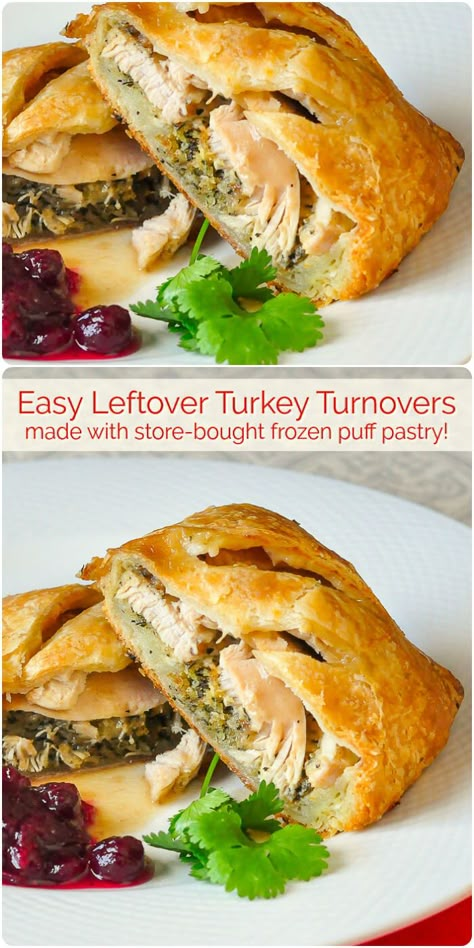 Leftover Turkey Turnovers - some frozen puff pastry plus the leftovers from a roast turkey or chicken dinner combine in these easy to make turnovers. Turkey Turnovers, Leftover Turkey Ideas, Thanksgiving Leftover Recipes, Thanksgiving Leftover, Turkey Leftovers, Holiday Leftovers, Turkey Ideas, Turkey Pot, Leftover Recipes