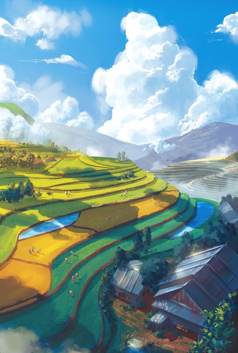 Farmland Fantasy Art, Farming Village Concept Art, Village Illustration Art, Nature Digital Painting, Society Drawings Illustration, Fantasy Farm Concept Art, Farm Illustration Art, Fantasy Farm Art, Farm Digital Art