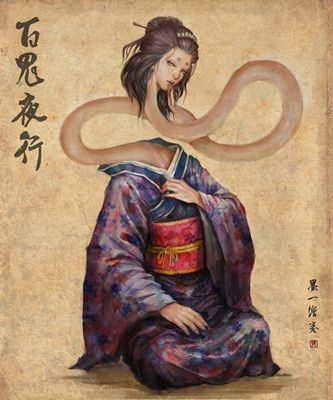 Rokurokubi: a type of Japanese yōkai with an extendible neck. They perform bad deeds such as attacking at night and drinking their victims' blood. Japanese Mythical Creatures, Japanese Urban Legends, Japanese Yokai, Japanese Legends, Myths & Monsters, Japanese Monster, Japanese Mythology, Japanese Horror, Traditional Culture